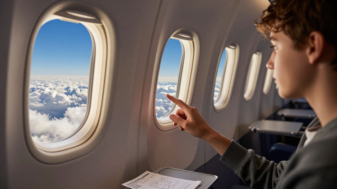 Pessoa dentro de avião a apontar para as nuvens vistas pela janela durante o voo.