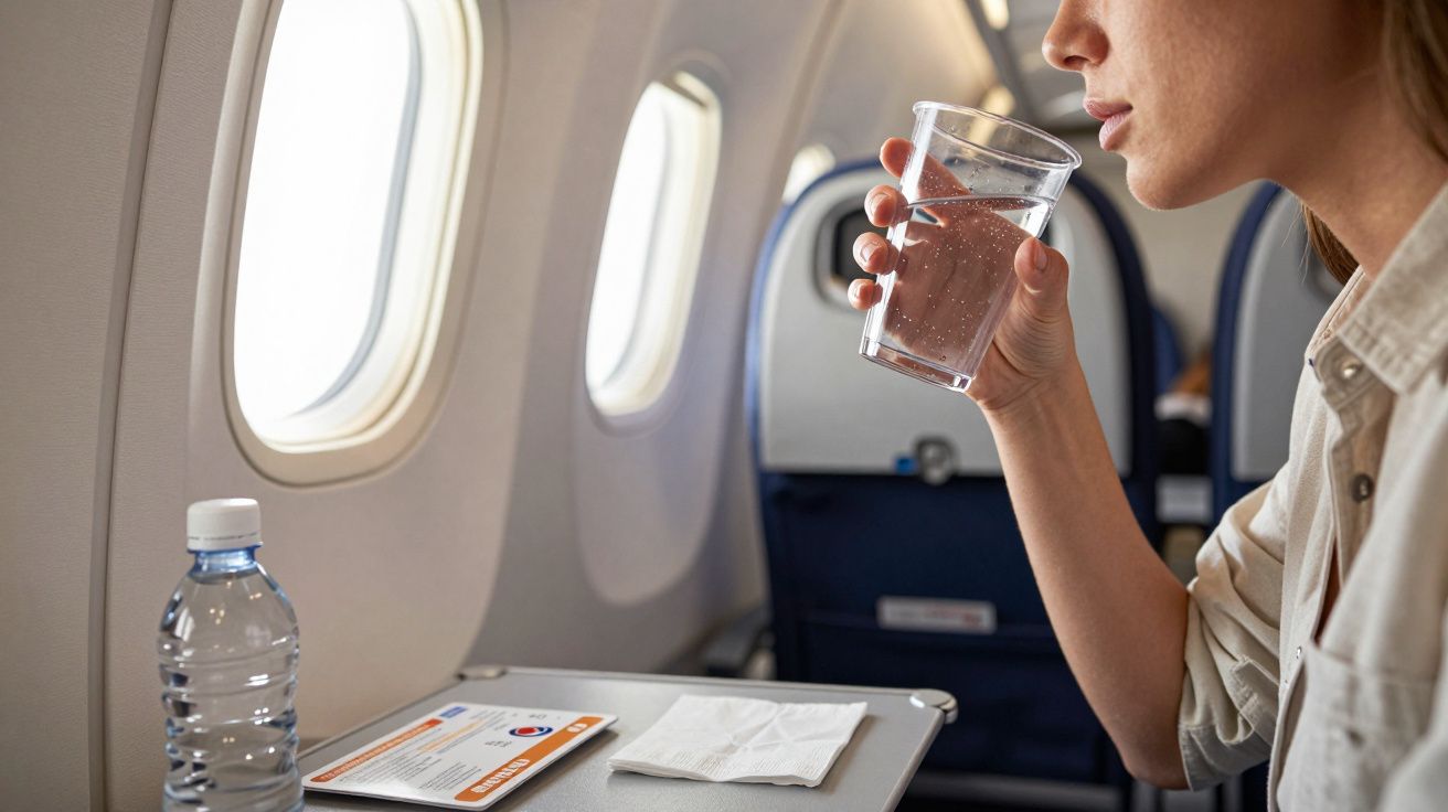 Pessoa a beber água num copo dentro de avião, com garrafa de água e cartão de embarque na mesa.