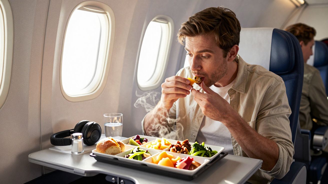 Homem a comer refeição quente numa bandeja em avião perto da janela, com auscultadores na mesa.