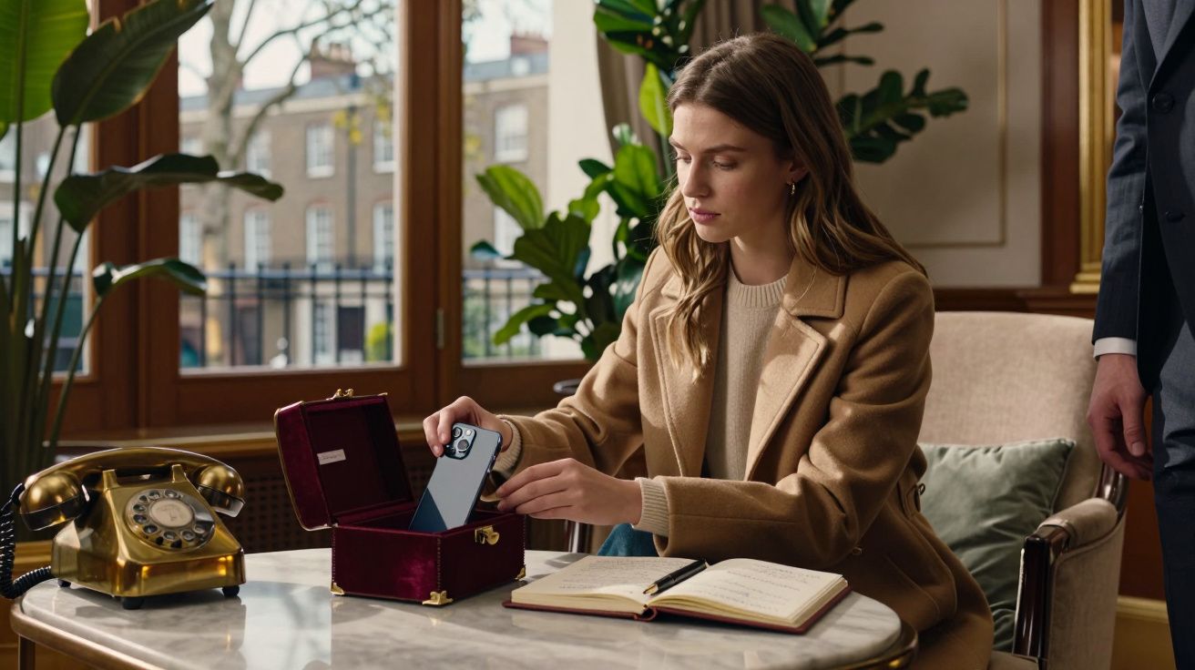 Mulher sentada numa mesa com livro aberto guarda um telemóvel numa caixa em veludo vermelho.