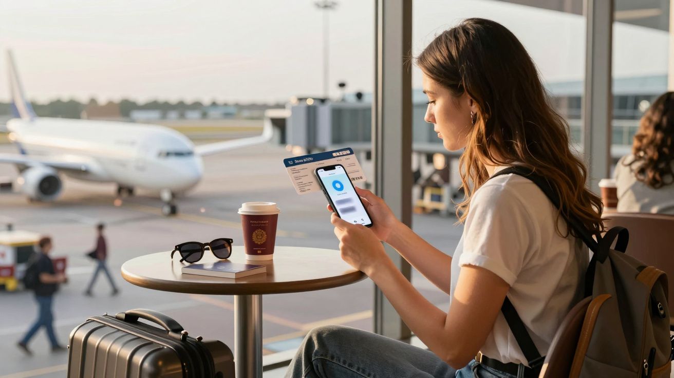 Mulher sentada no aeroporto com mochila, telemóvel, bilhete e mala junto a uma mesa com café e óculos.
