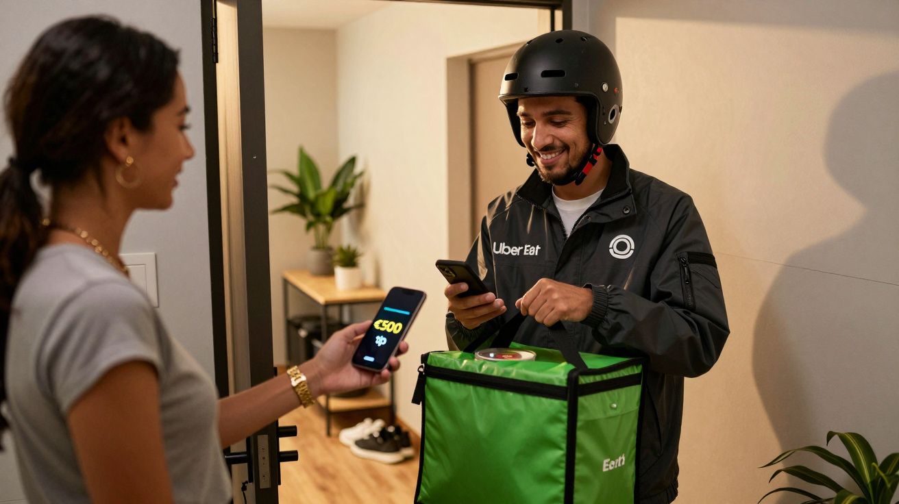 Entregador com mochila verde a receber pagamento por telemóvel numa porta de casa moderna.