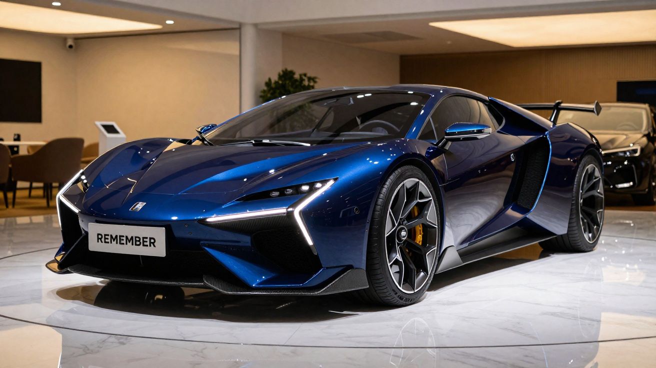 Carro desportivo azul metálico com faróis LED triangulares exposto em salão moderno.