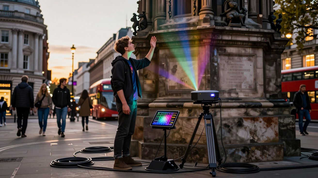 Jovem com máscara interage com projeção colorida em equipamento num espaço urbano ao entardecer.