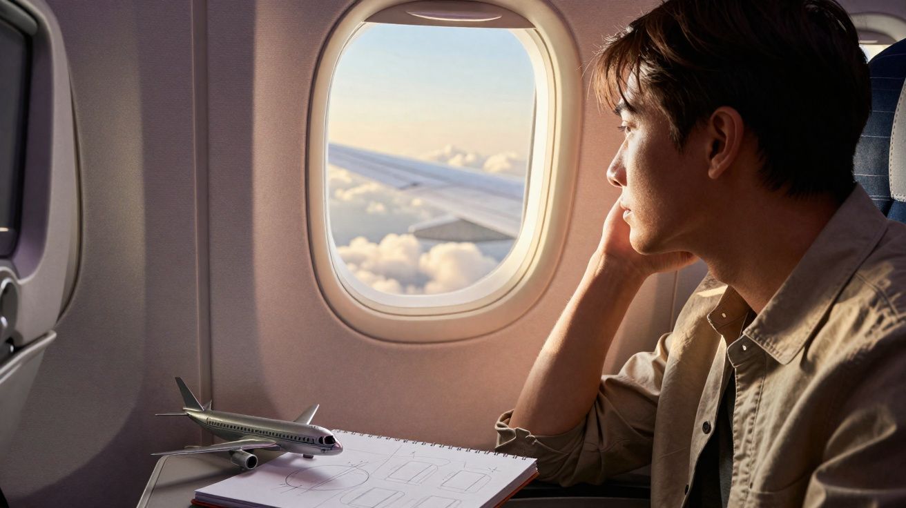 Homem sentado numa janela de avião observa o céu com nuvens e asa visível, com maquete de avião e desenhos à frente.