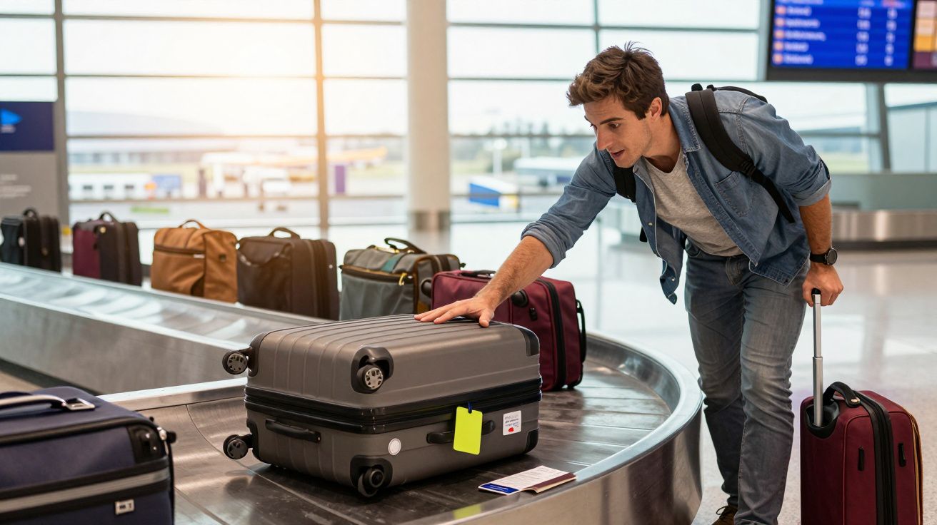 Homem de mochila a apanhar mala na esteira de bagagens num aeroporto moderno.