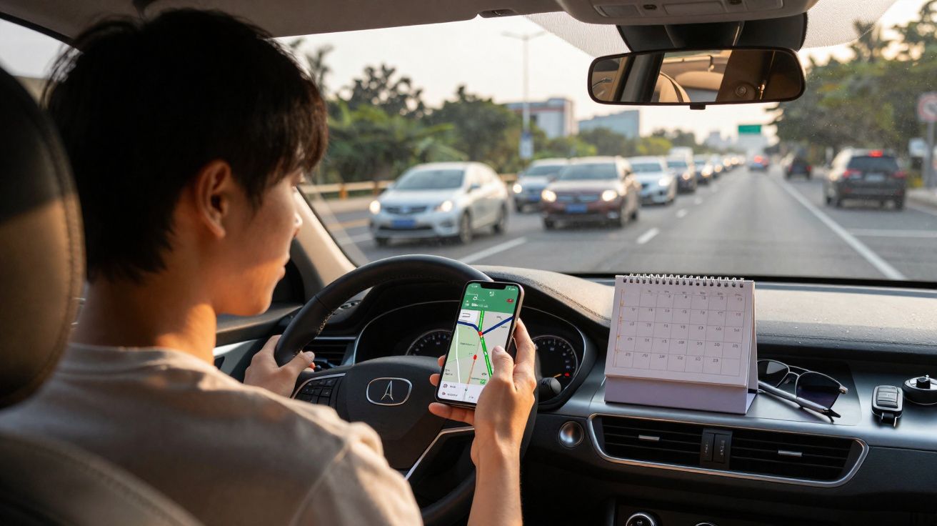 Pessoa a conduzir um carro enquanto consulta um mapa de navegação num telemóvel com trânsito na estrada à frente.