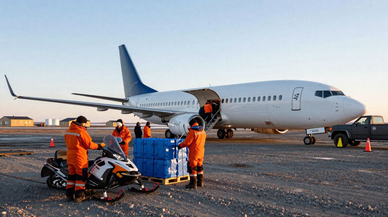 Trabalhadores em fato térmico alaranjado descarregam caixas azuis junto a avião branco num aeroporto remoto.