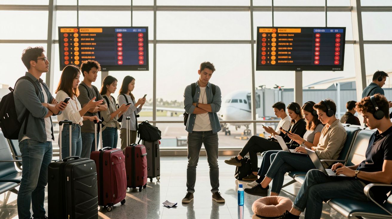 Jovens com mochilas e malas esperam no portão de embarque de um aeroporto, alguns sentados e outros em pé.