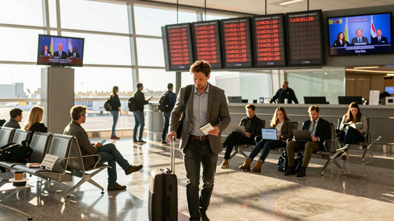 Homem com mala a caminho num aeroporto com voos no painel todos cancelados.