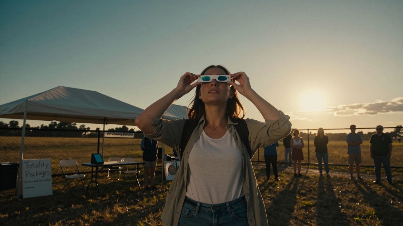 Mulher de óculos especiais a observar eclipse solar enquanto pessoas esperam ao fundo num campo ao pôr do sol.