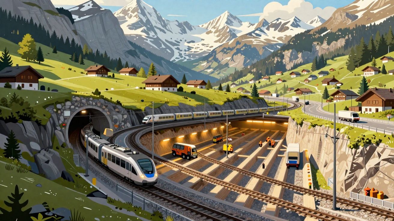 Paisagem montanhosa com comboios modernos a entrar e sair de um túnel rodeado por casas e estradas.