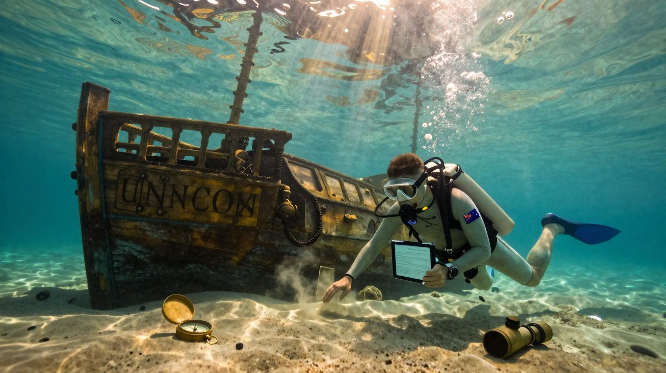 Mergulhador explora o fundo do mar perto de um barco naufragado antigo com objetos espalhados na areia.