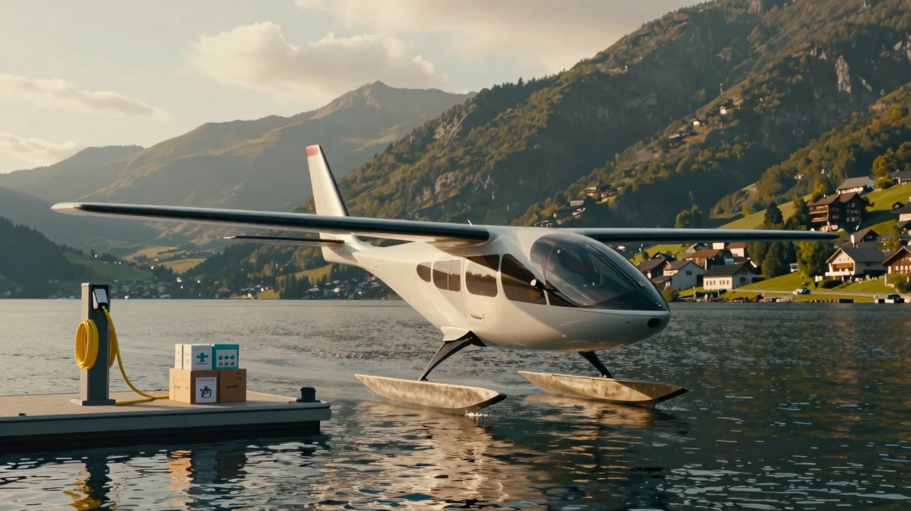 Aeronave hidroavião branca estacionada junto a um cais num lago rodeado por montanhas e casas.
