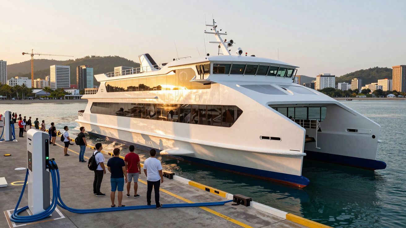 Catamarã branco atracado no porto com pessoas à espera para embarcar ao pôr do sol.