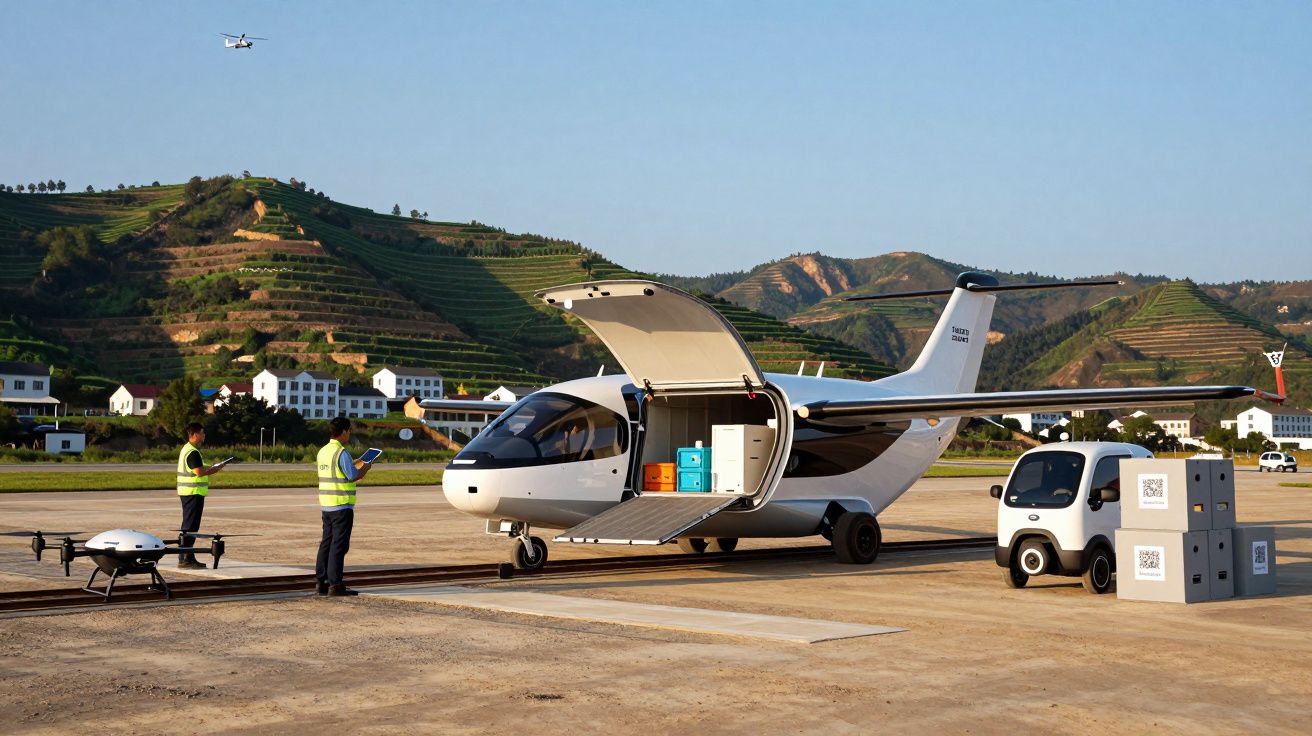 Avião de carga com porta aberta, drone e duas pessoas em coletes refletivos num aeroporto com colinas ao fundo.