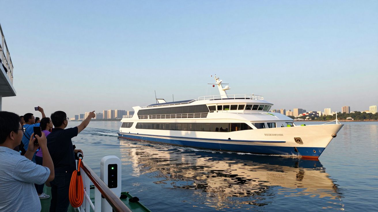Barco branco e azul a navegar num rio com pessoas a tirar fotos do convés de outro barco.
