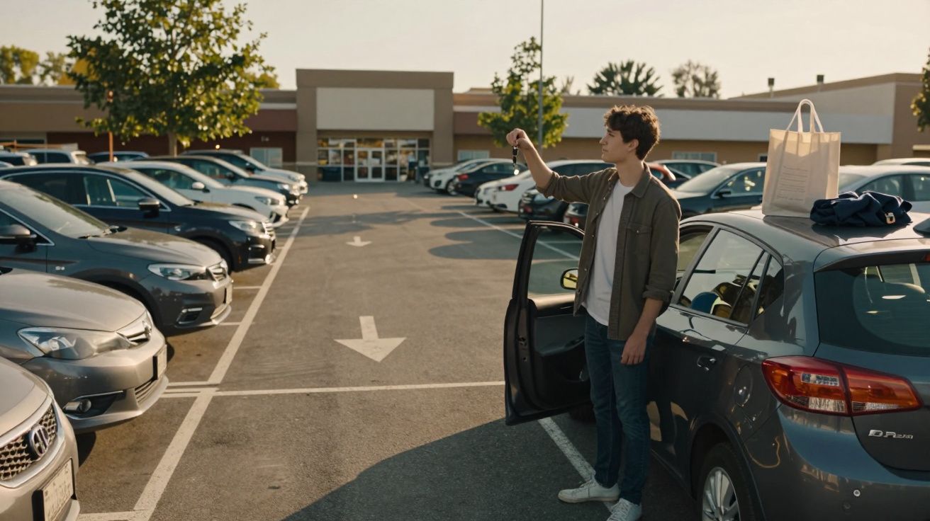 Jovem com chave na mão ao lado de carro estacionado num parque de estacionamento ao pôr do sol.