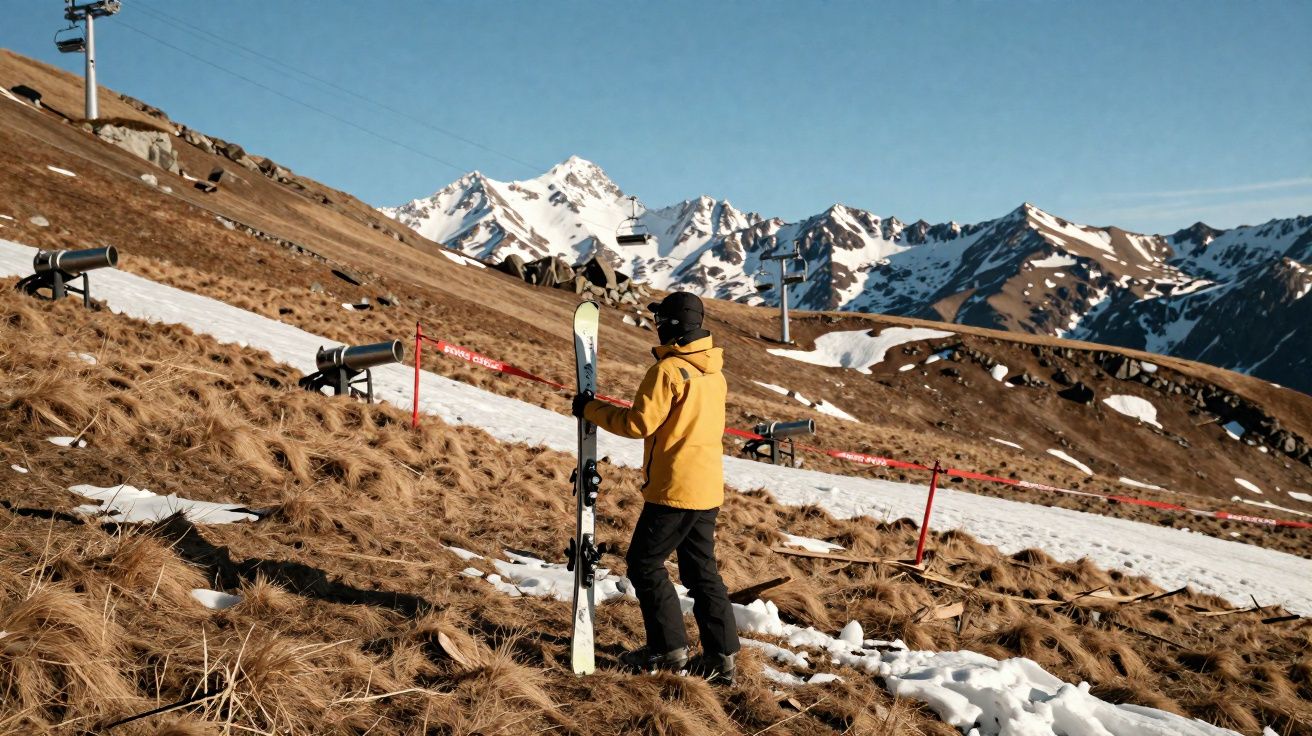 Pessoa de casaco amarelo e capacete preto segura esquis numa encosta com neve e montanhas ao fundo.