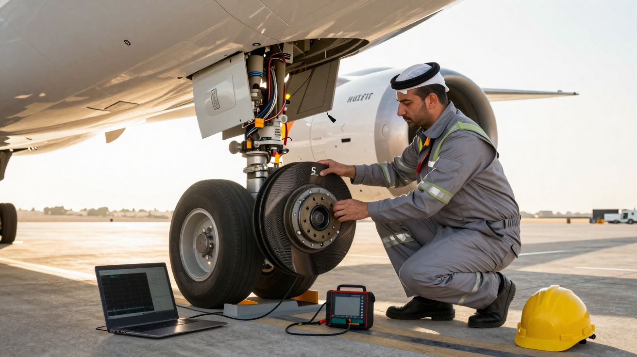 Técnico em fato cinzento com equipamento eletrónico a inspecionar roda de avião numa pista ao pôr do sol.