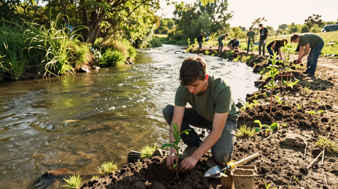 Jovens a plantar árvores junto a um ribeiro num dia de sol, promovendo a preservação ambiental.