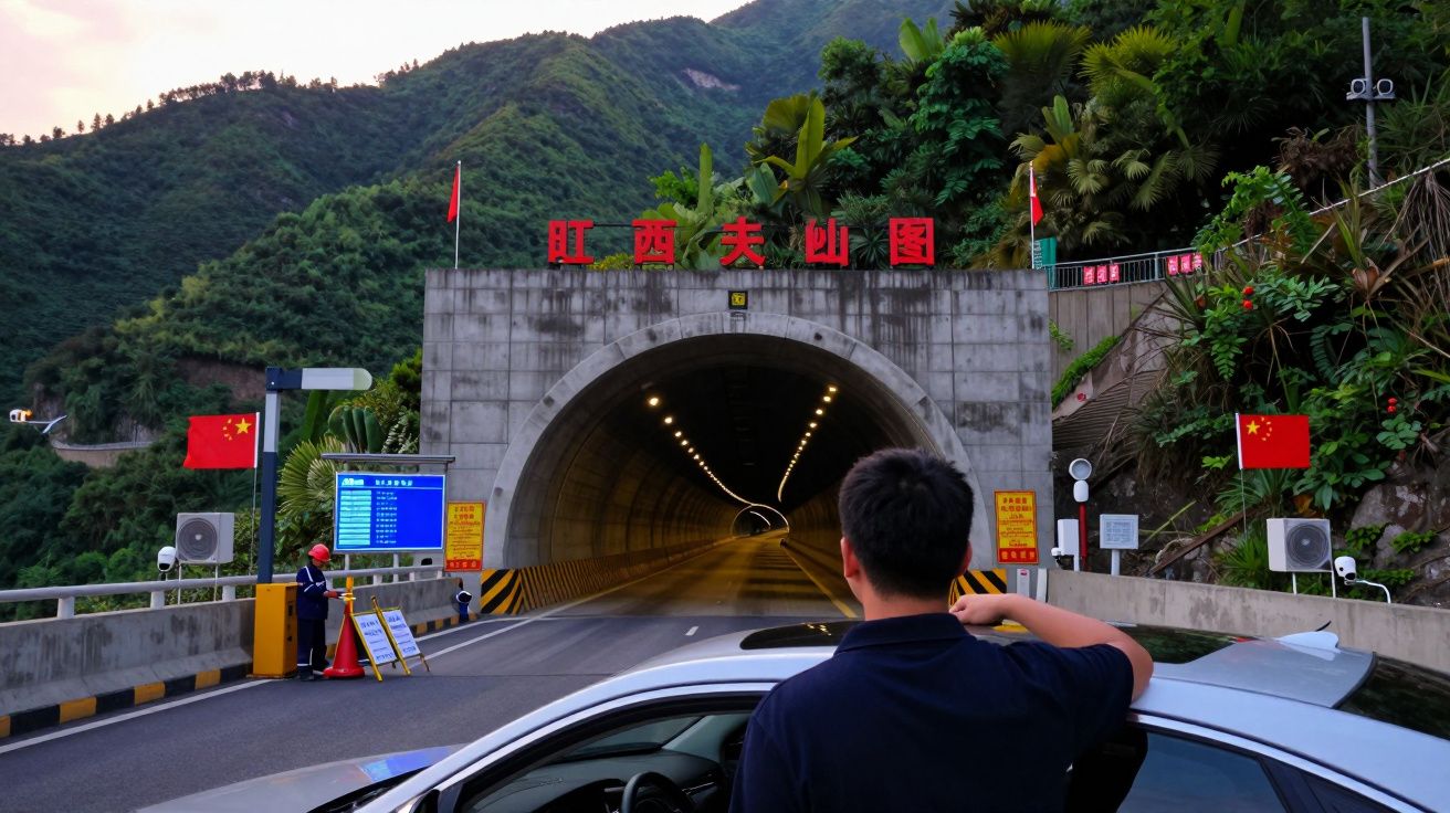 Homem observa entrada iluminada de túnel montanhoso com bandeiras da China e vegetação densa ao redor.