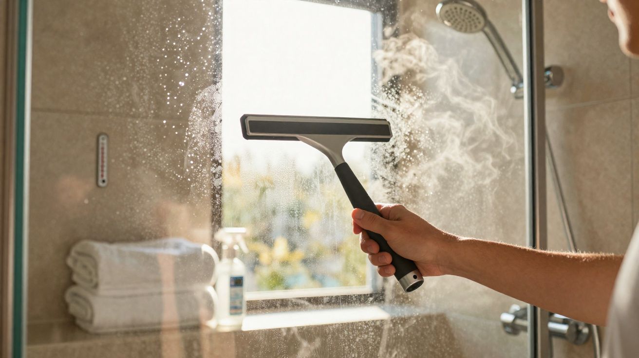 Pessoa a limpar o vidro do chuveiro com um limpa-vidros num banho com vapor e toalhas ao fundo.