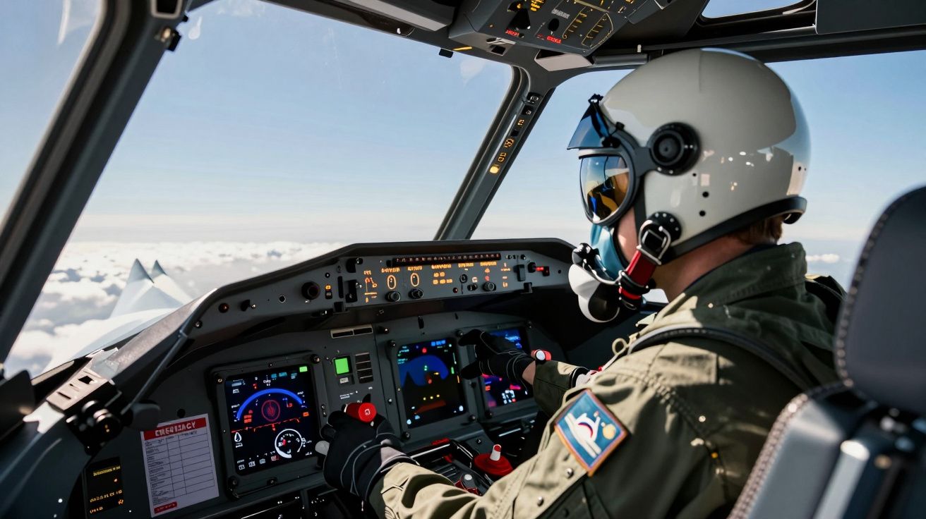Piloto com capacete dentro do cockpit de um avião, com vista para o céu e nuvens através da janela.