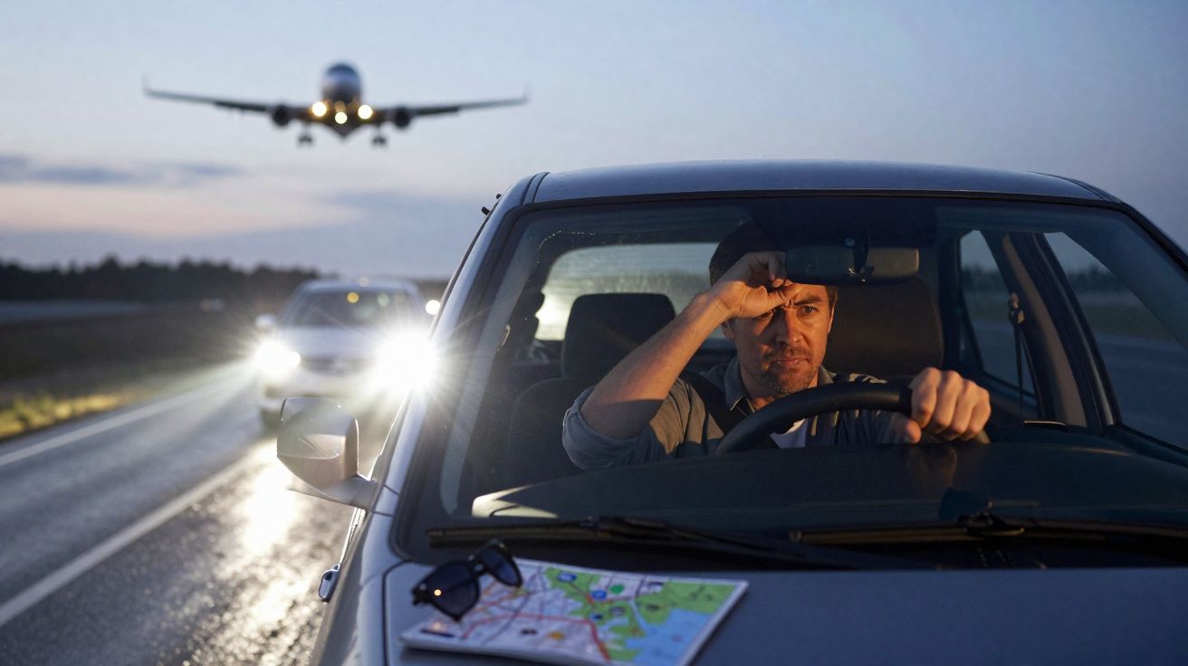 Homem cansado ao volante de um carro, com mapa e óculos no tablier, avião a aproximar-se na estrada ao entardecer.
