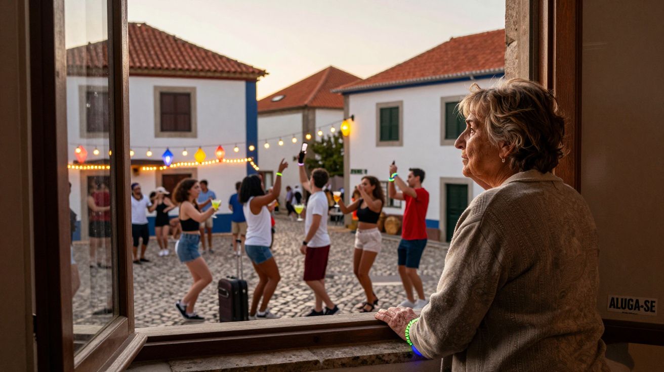 Idosa observa festa animada de jovens numa rua com casas tradicionais ao fim da tarde.