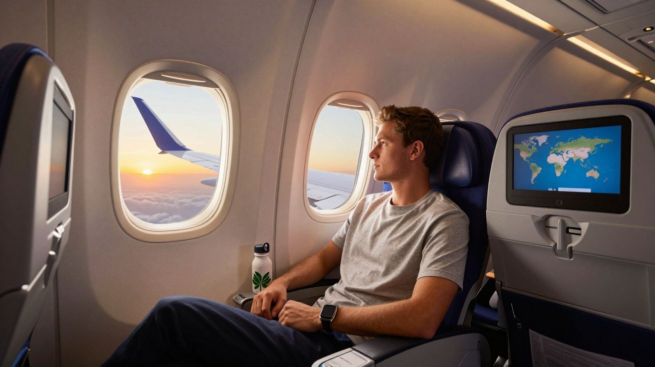 Homem sentado junto à janela de avião, olhando para o pôr do sol com monitor de voo ao lado.