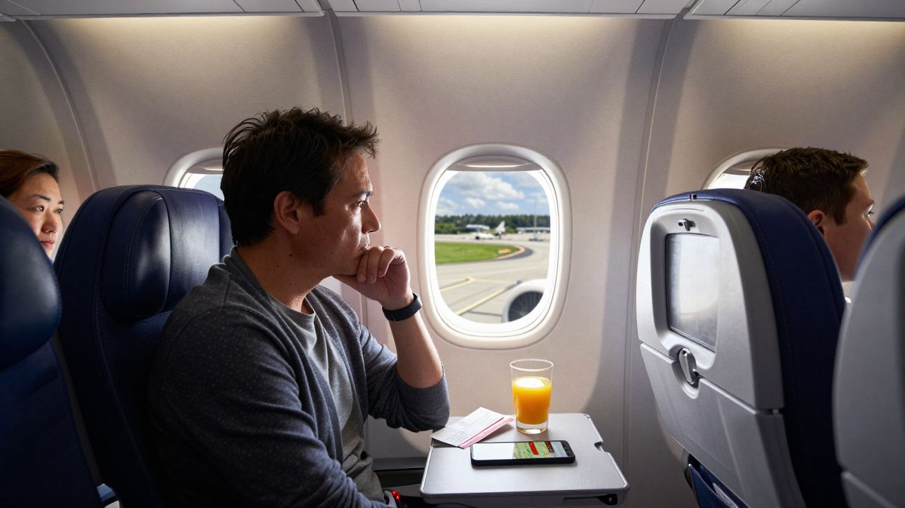 Homem sentado num avião a olhar pela janela com um copo de sumo e telemóvel na mesa à frente.