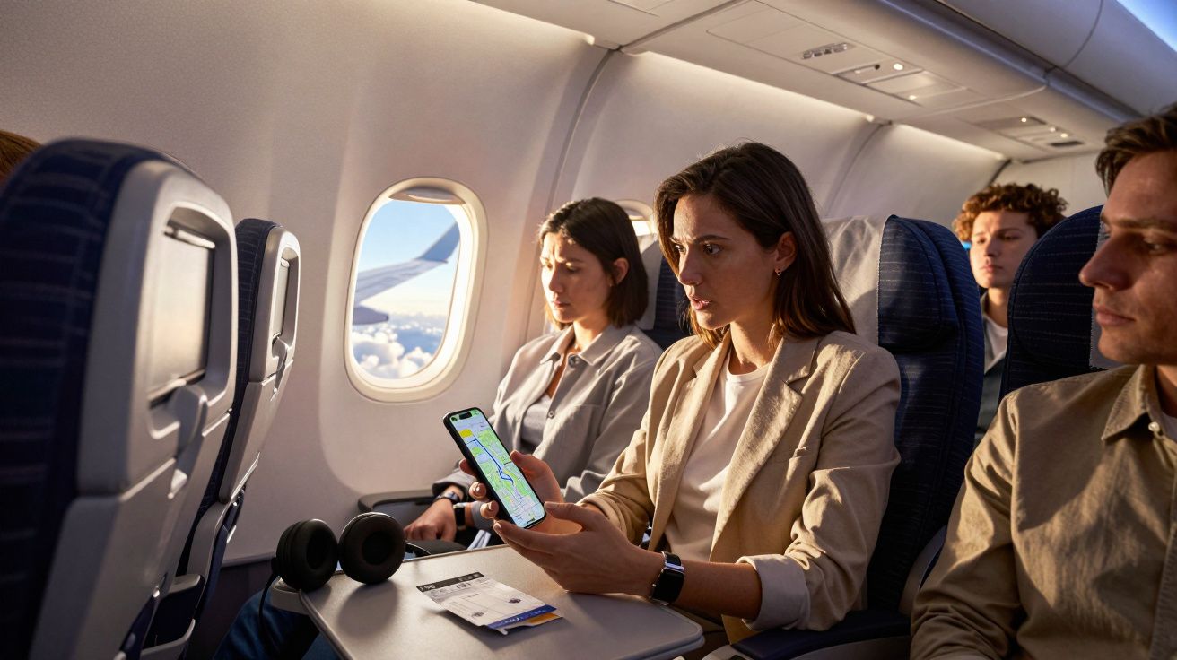 Pessoas sentadas em avião, uma mulher usa telemóvel com mapa digital enquanto outras descansam nas suas cadeiras.