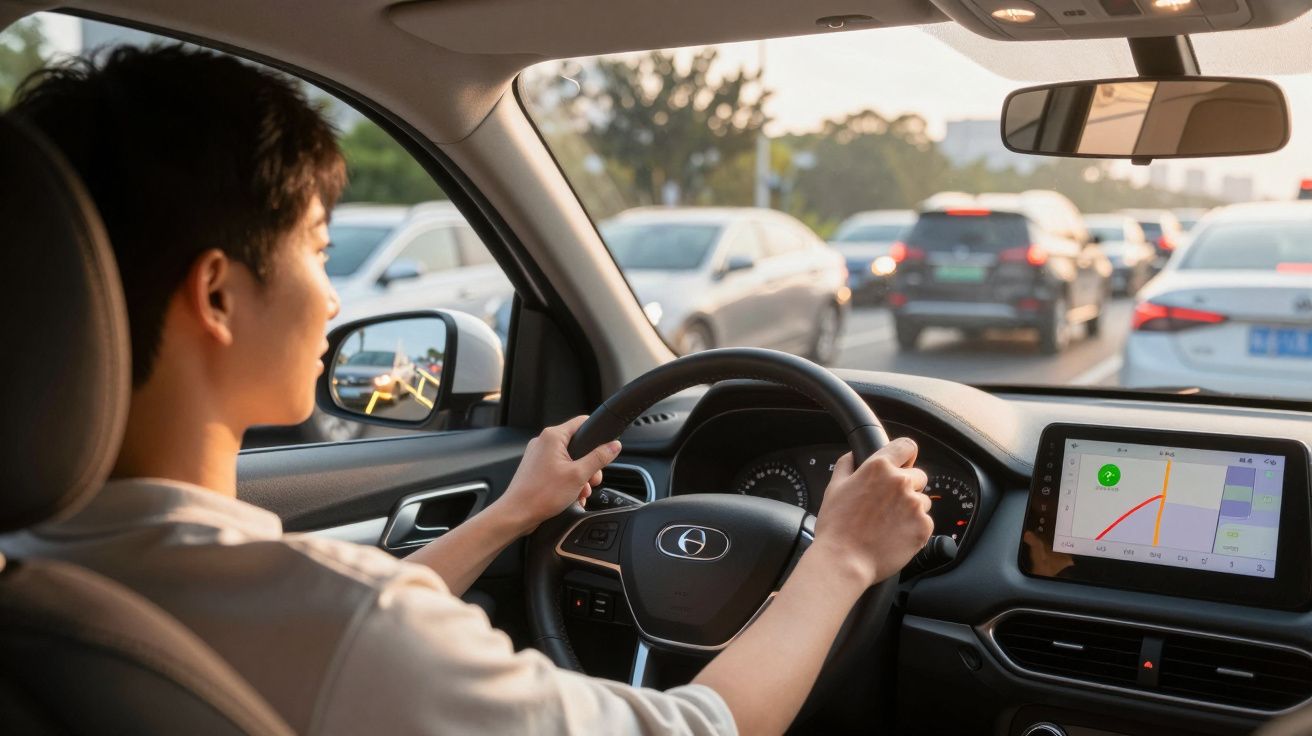Pessoa a conduzir carro com trânsito intenso e sistema de navegação no ecrã do painel.