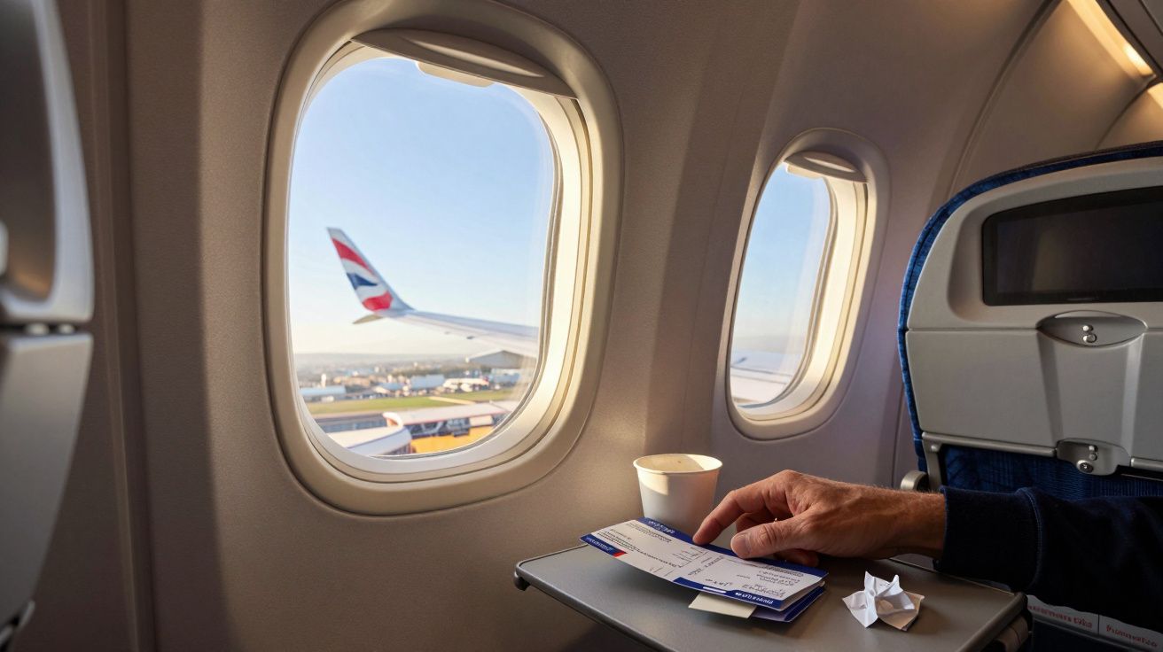 Interior de avião com vista para a asa e mão segurando bilhete, copo e avião de papel na mesa dobrável.