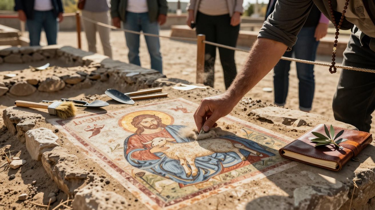 Pessoa a limpar uma pintura religiosa antiga em pedra com ferramentas de escavação arqueológica.