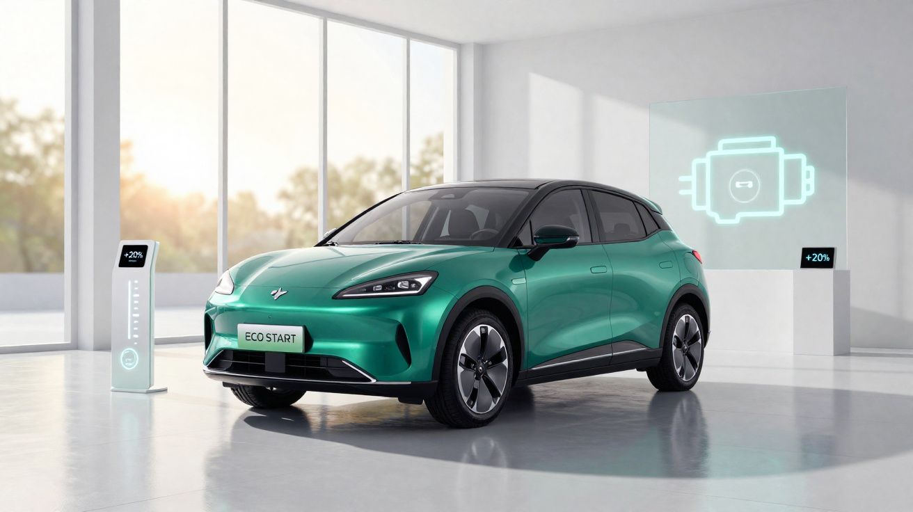 Carro elétrico verde num espaço moderno, com ícones digitais de bateria e carregamento ao lado.
