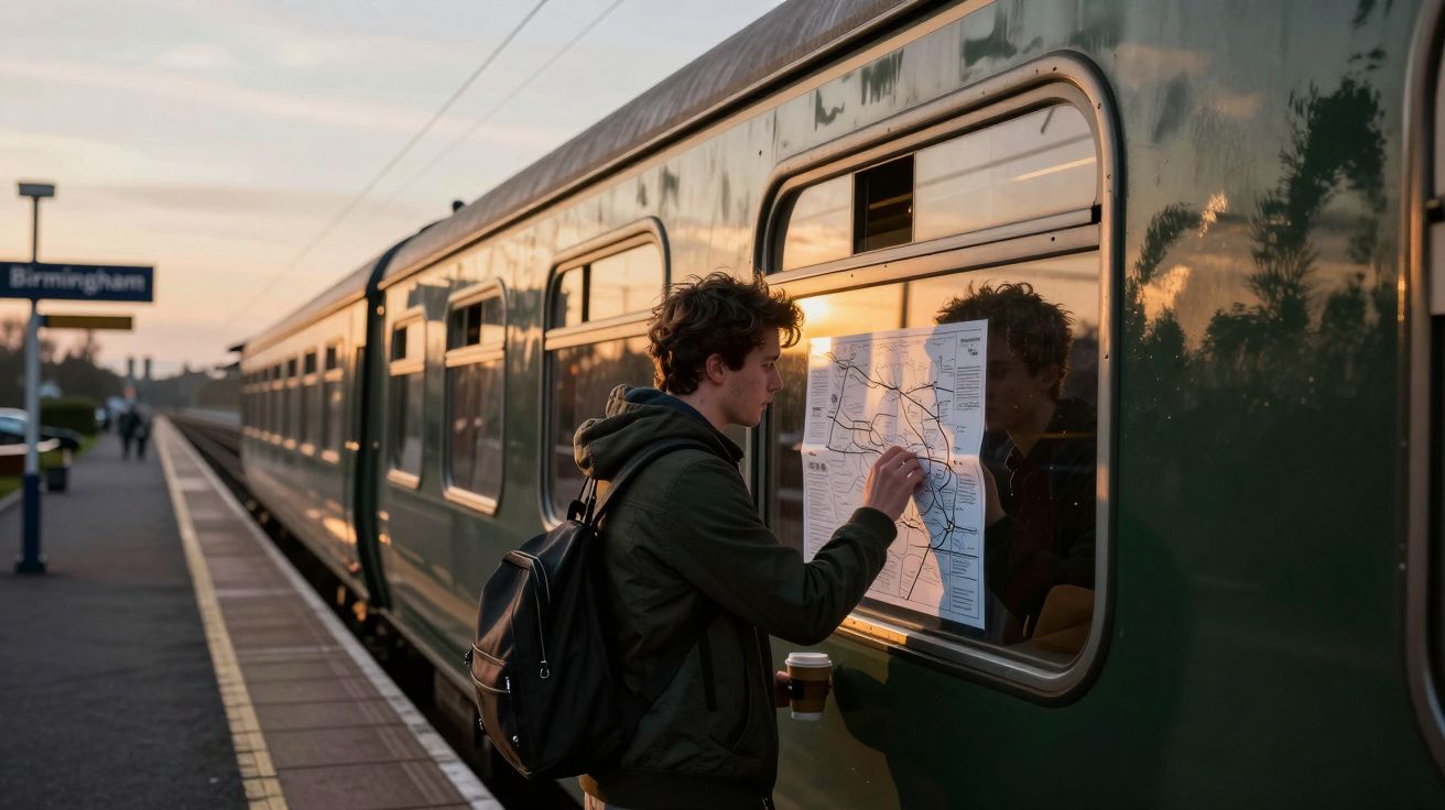 Jovem consulta mapa colado na janela de comboio numa estação ao pôr do sol.