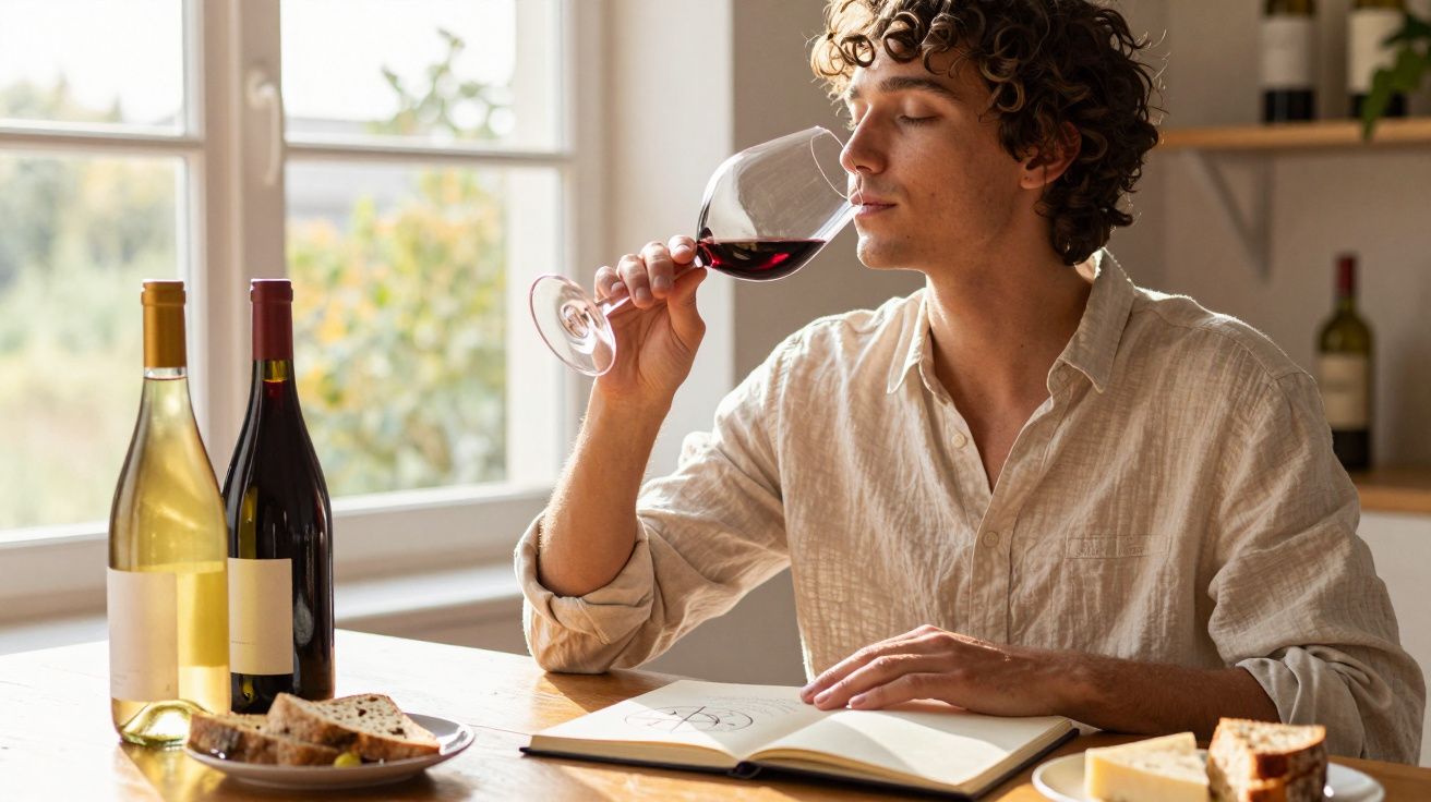 Homem a cheirar vinho tinto numa taça sentado à mesa com garrafas, pão, queijo e um caderno aberto.