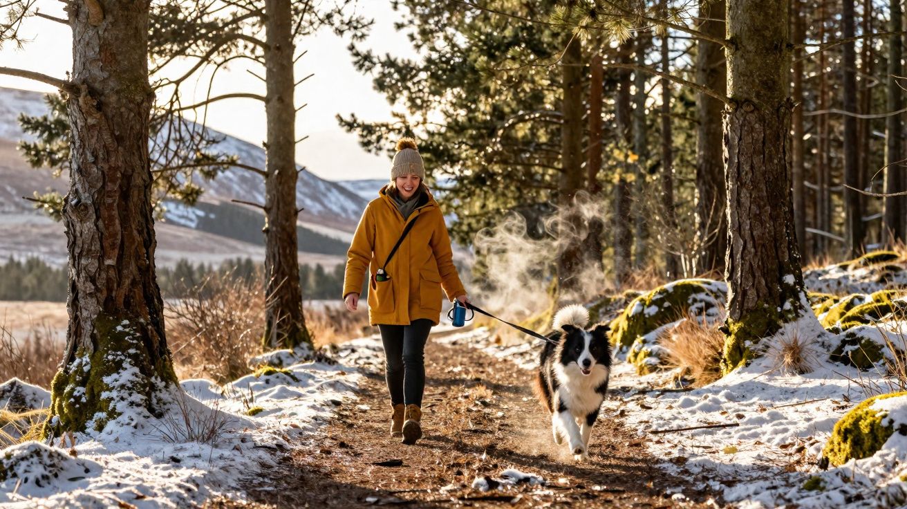 Pessoa com casaco amarelo e gorro a passear cão preto e branco numa floresta com neve e árvores elevadas.