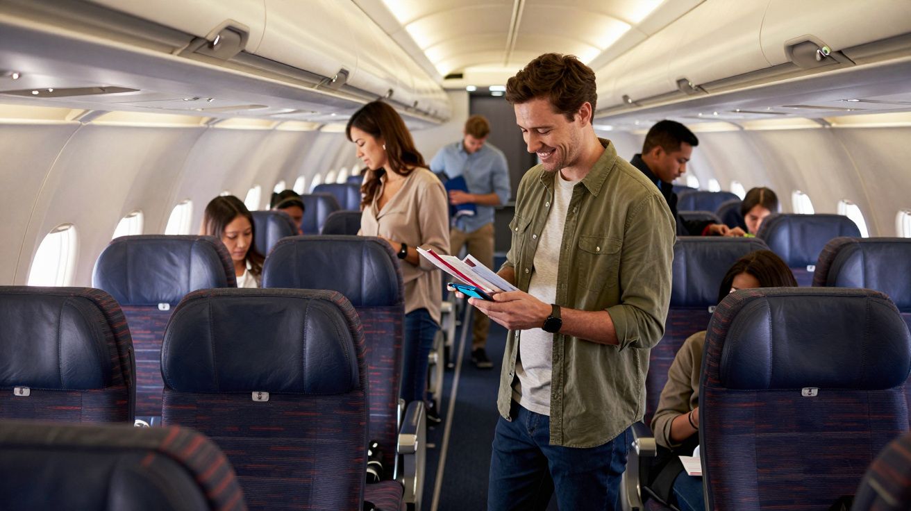 Homem sorridente a ler documento num corredor de avião com passageiros sentados e a manusear objetos.