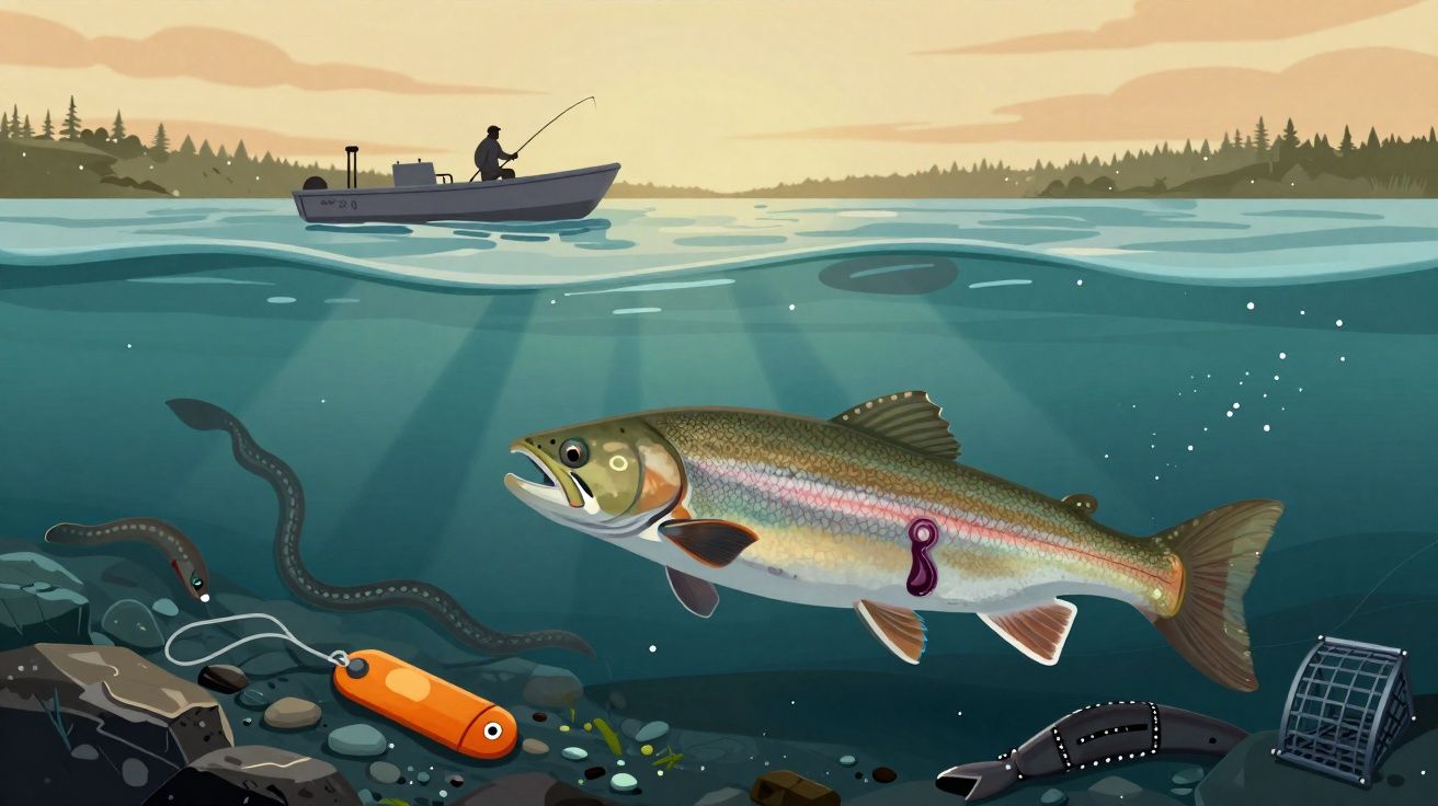 Ilustração de pescador num barco ao pôr do sol e peixe grande nadando com equipamento subaquático.