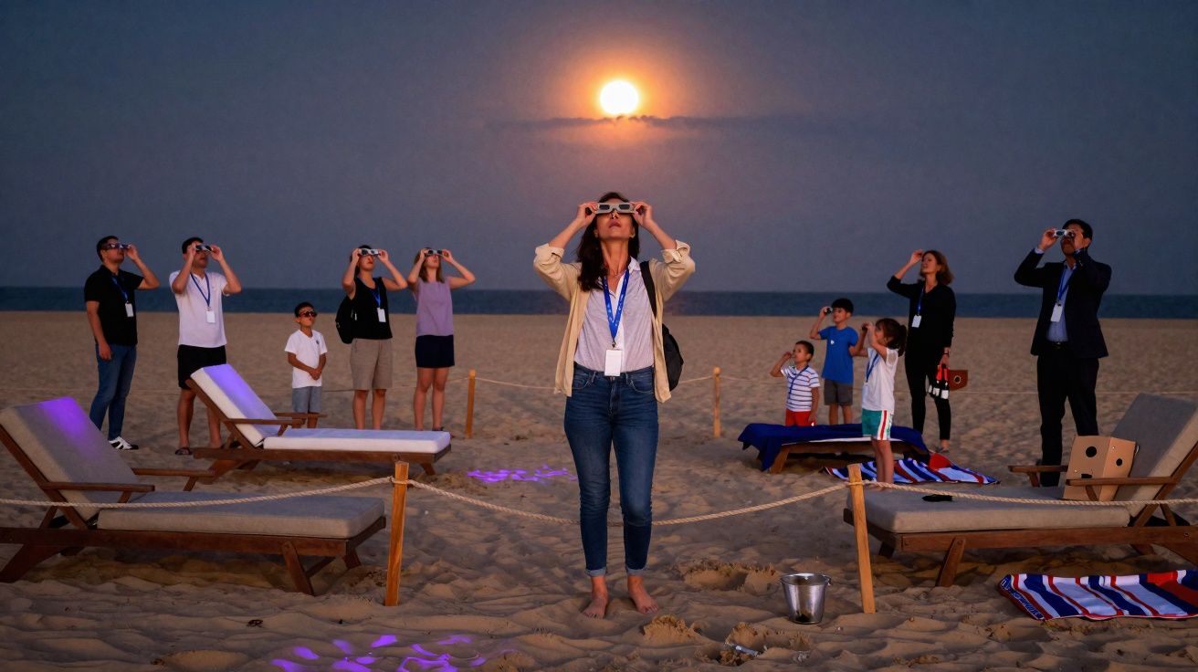 Pessoas na praia a observar o eclipse lunar com óculos especiais ao amanhecer, com a lua brilhante no céu.
