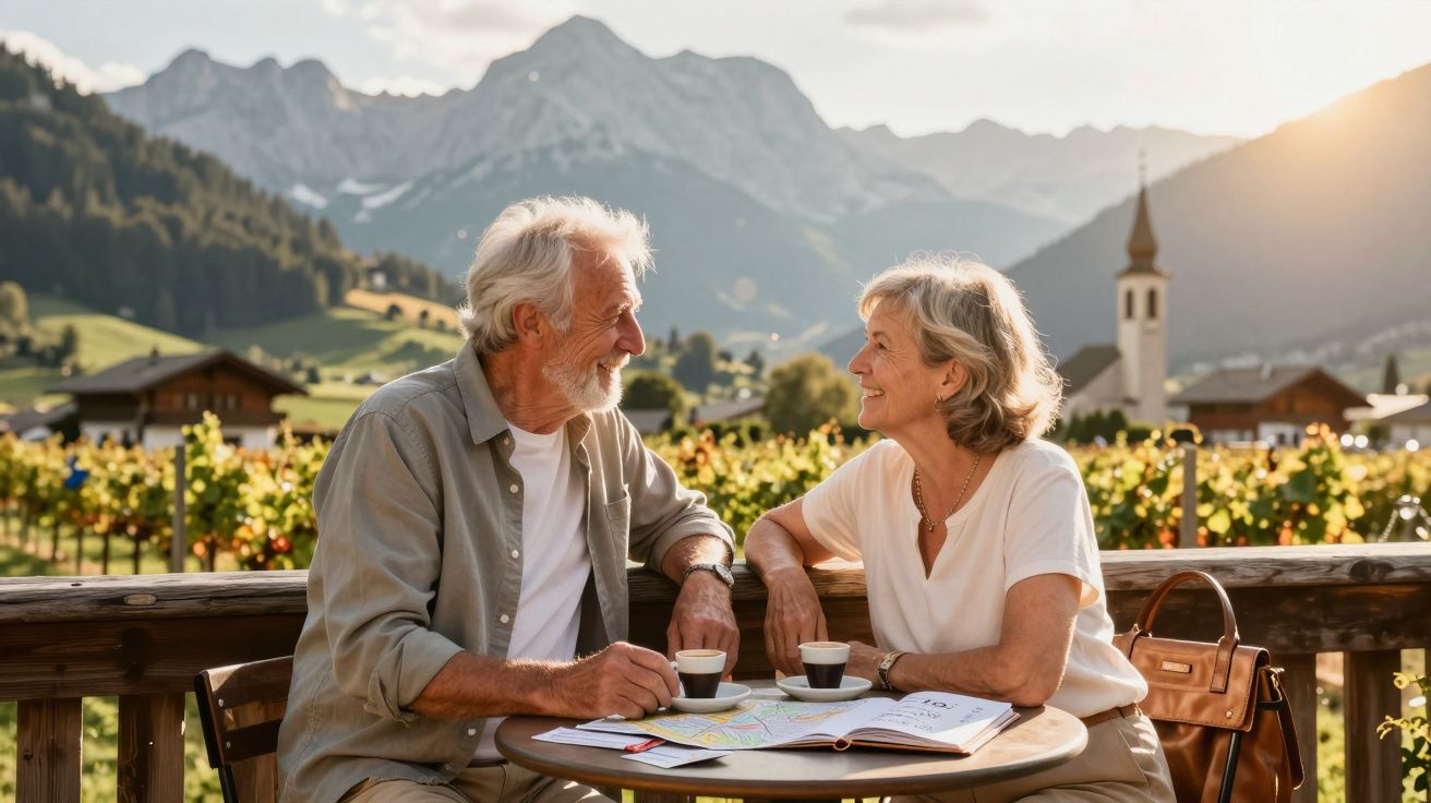 Casal idoso sorrindo e bebendo café numa varanda com paisagem de vinhas e montanhas ao fundo.