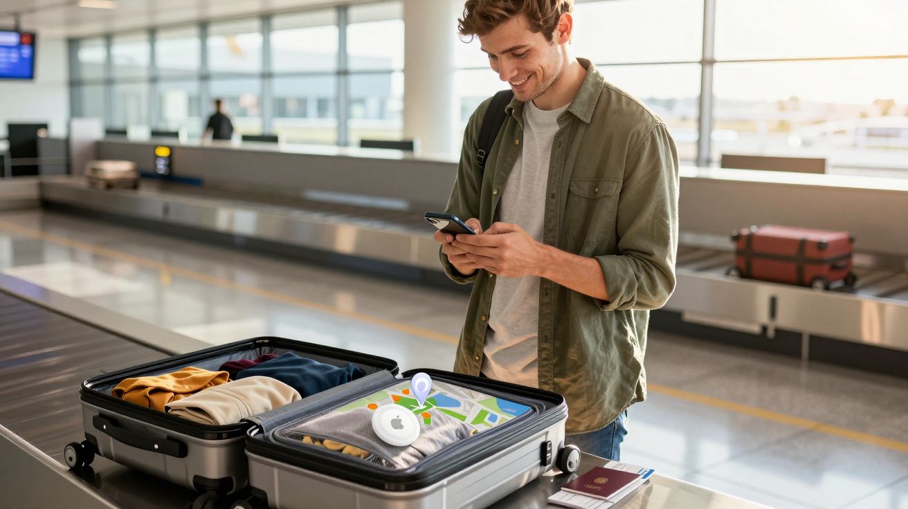 Homem em aeroporto com mala aberta e mapa digital sobre roupa, a usar telemóvel junto a esteira de bagagens.