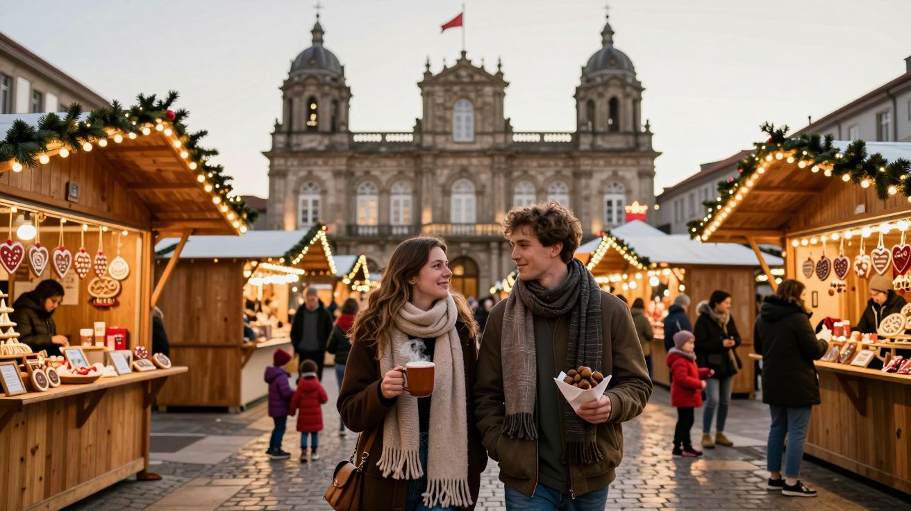 Casal jovem a passear e apreciar comidas num mercado de Natal decorado com luzes, em praça histórica.