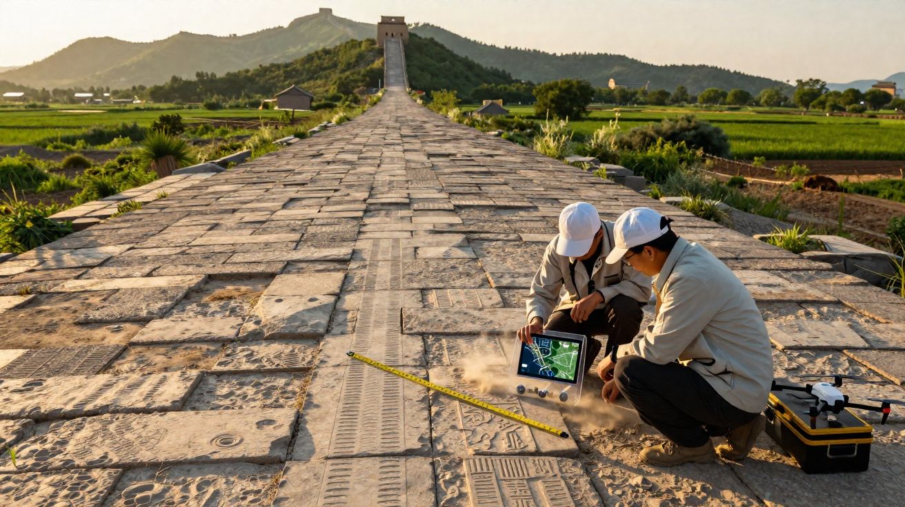 Dois arqueólogos com equipamento digital a explorar uma antiga estrada de pedra numa área rural.