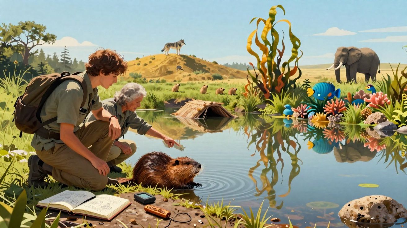 Duas pessoas observam e apontam para um castor junto a um lago, com vários animais e plantas ao fundo na natureza.
