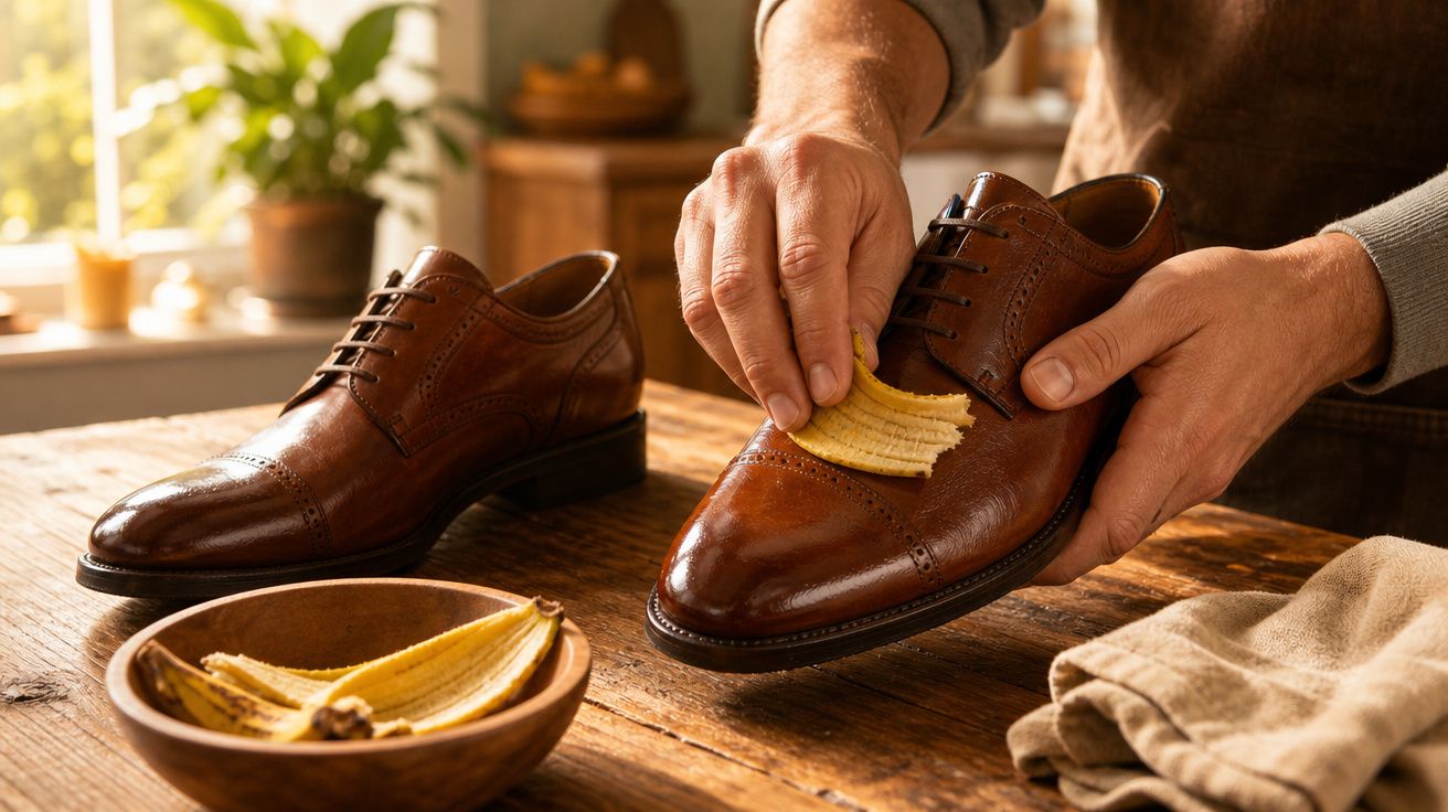 Pessoa a limpar sapato de couro castanho com casca de banana numa mesa de madeira.