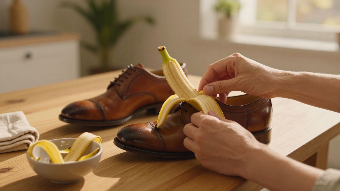 Pessoa a descascar uma banana junto a um par de sapatos de couro castanho sobre uma mesa de madeira.